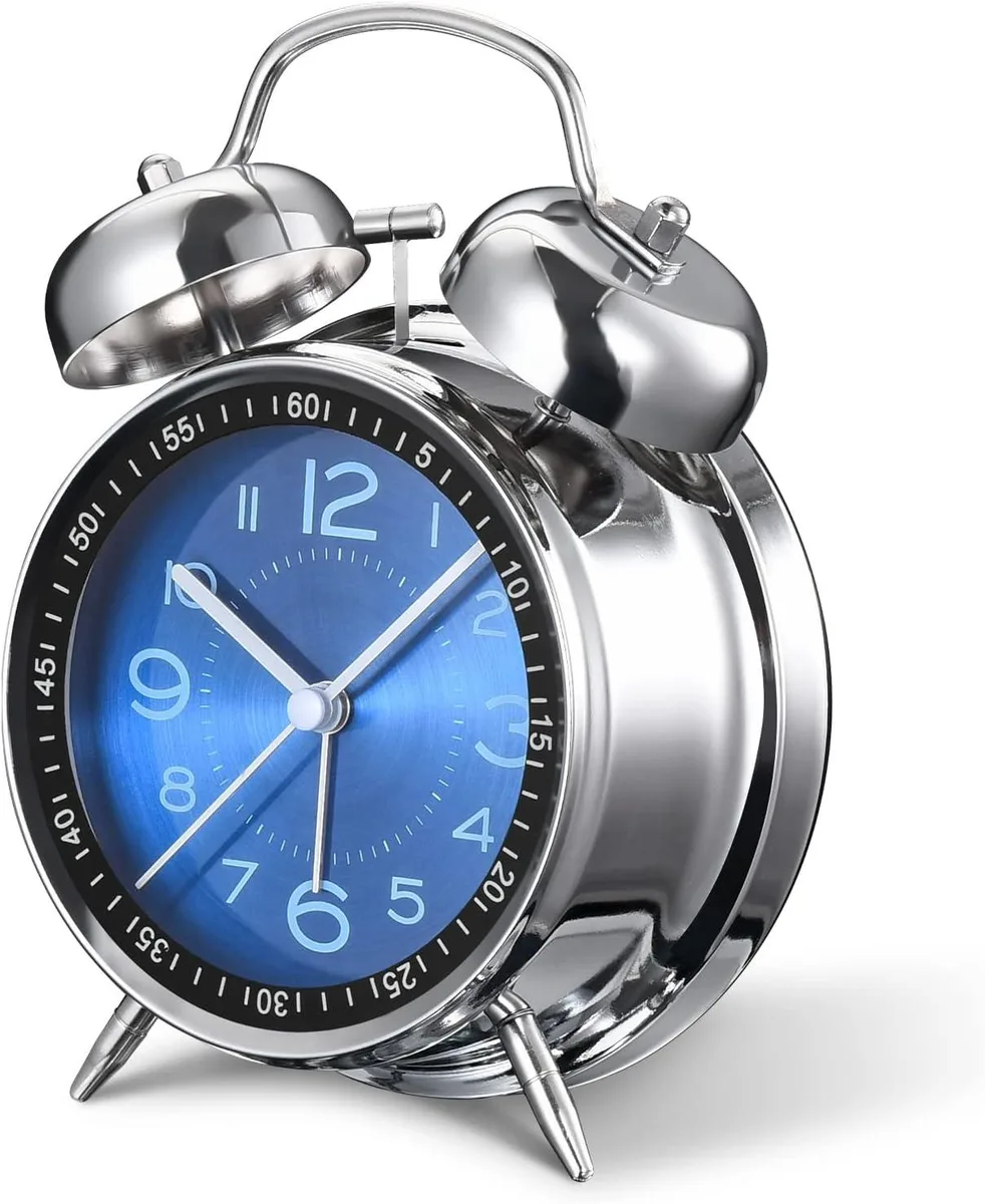 PISKEKAT PISKEKAT Twin Bell Alarm Clock 4 Inch Silent Quartz Backlight Blue — product photo