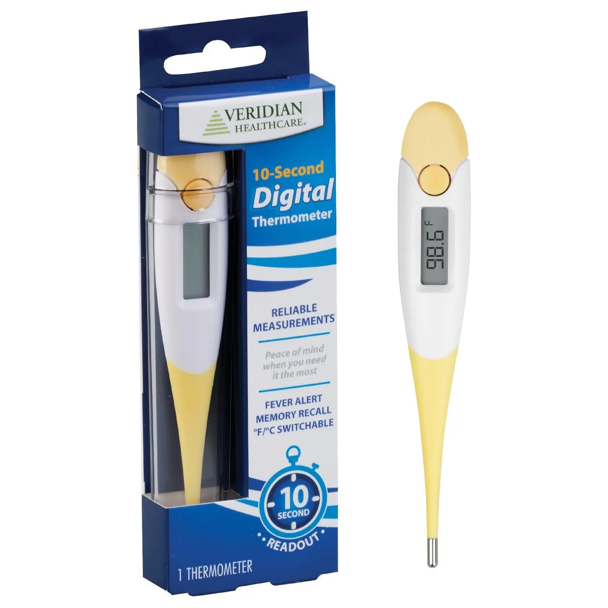 Yellow digital stick thermometer with flexible tip and storage case