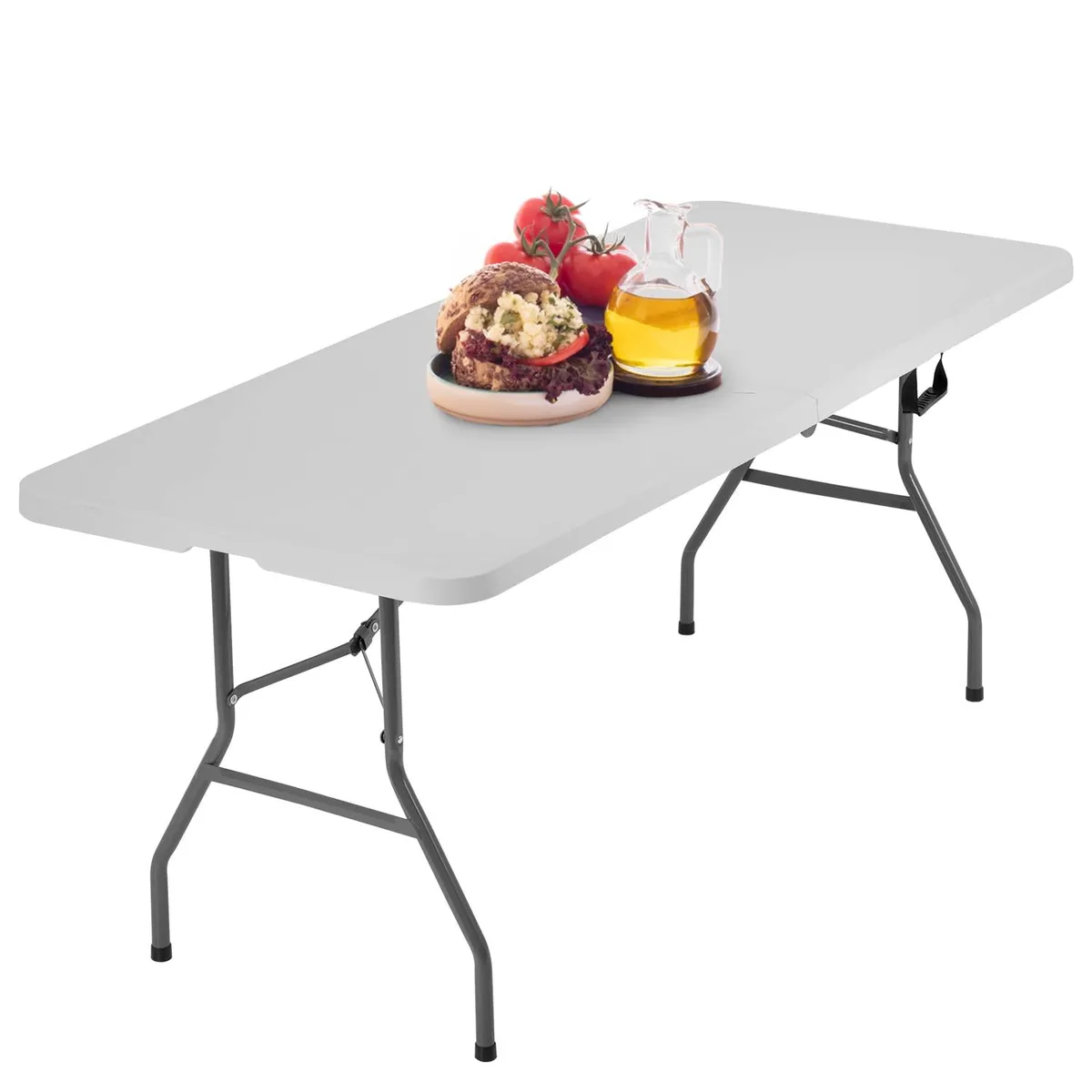 White 6-foot plastic folding table with powder-coated steel legs, folded flat showing carry handle
