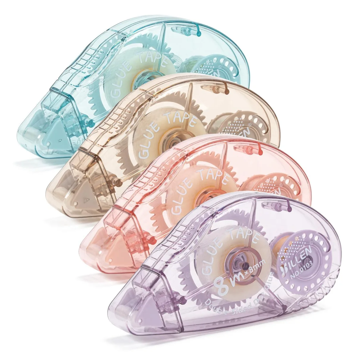 Four coloured roller dispensers in purple blue pink brown with protective covers