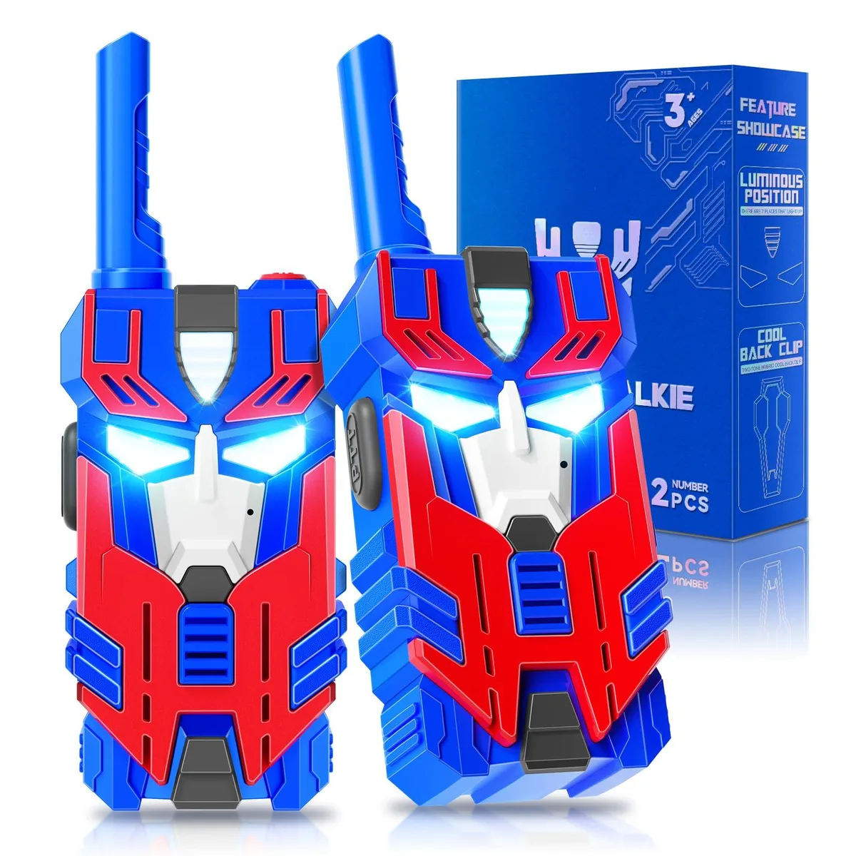 Two blue robot-shaped walkie-talkies with glowing eyes, sold as a pair