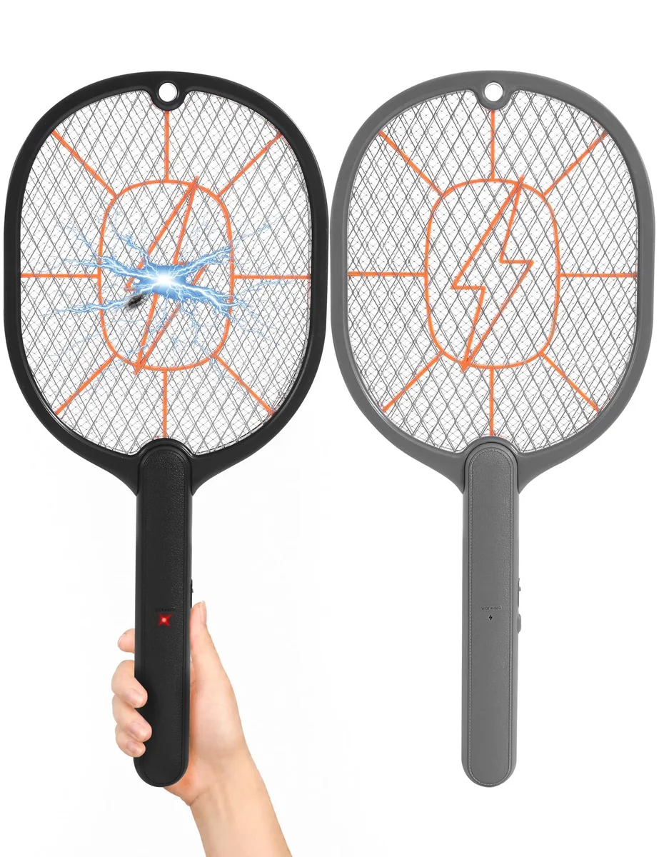 Two black and grey electric fly swatter rackets with large rectangular mesh heads and protective frames