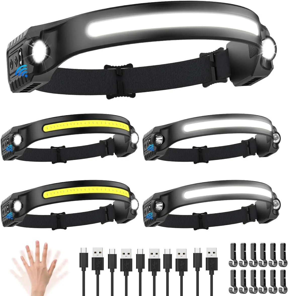 Five compact rechargeable headlamps with wide COB lenses and adjustable straps