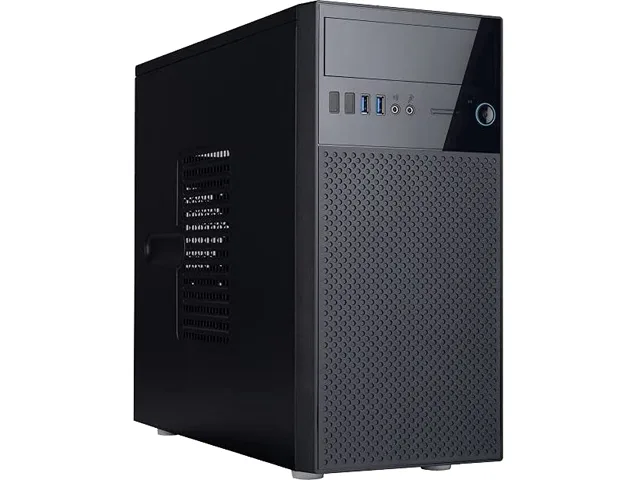 Black Micro ATX mini tower case, solid side panel, front USB and audio ports