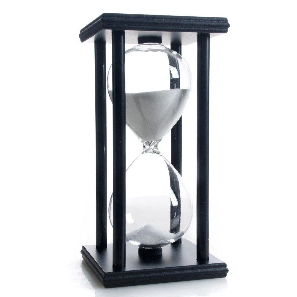 Black wooden frame hourglass with white sand, rounded rectangular shape, approximately 8.7 by 4.49 centimetres