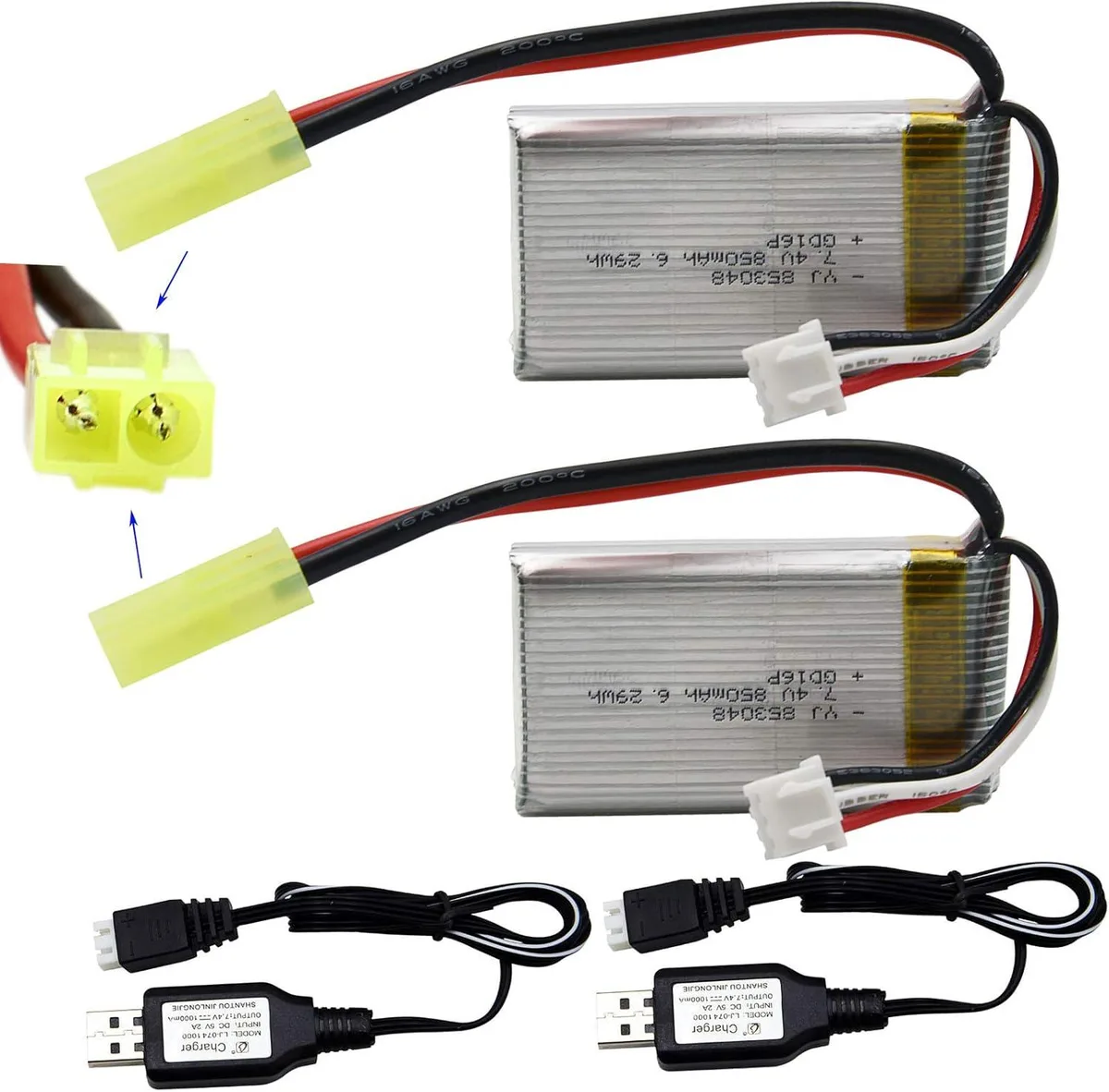 usbroway usbroway 2 Pack 7.4V 850mAh Li-PO Battery Mini Tamiya Plug 1/18 RC Toy — product photo