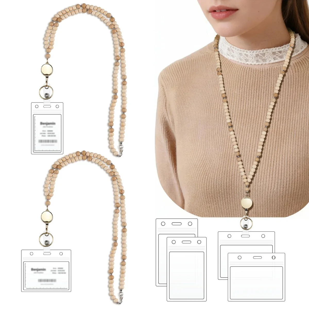  Syptxiea SYP-TL01 2 Pack Wooden Beaded Lanyard with Retractable Reel 32 inch 15 inch reel — product photo