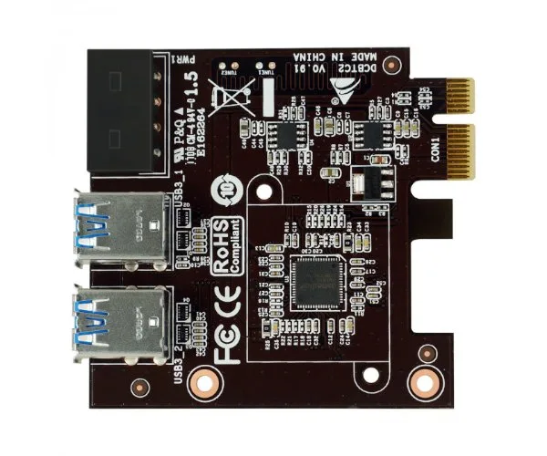 Green printed circuit board with multiple PCIe slots and a gold edge connector