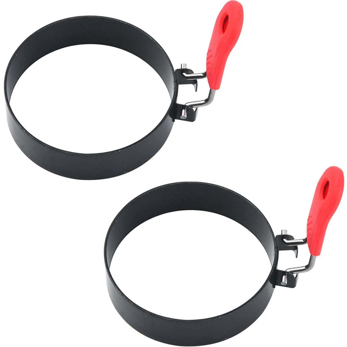 Two stainless steel egg rings 3.5 inches wide .8 inch deep with silicone handles