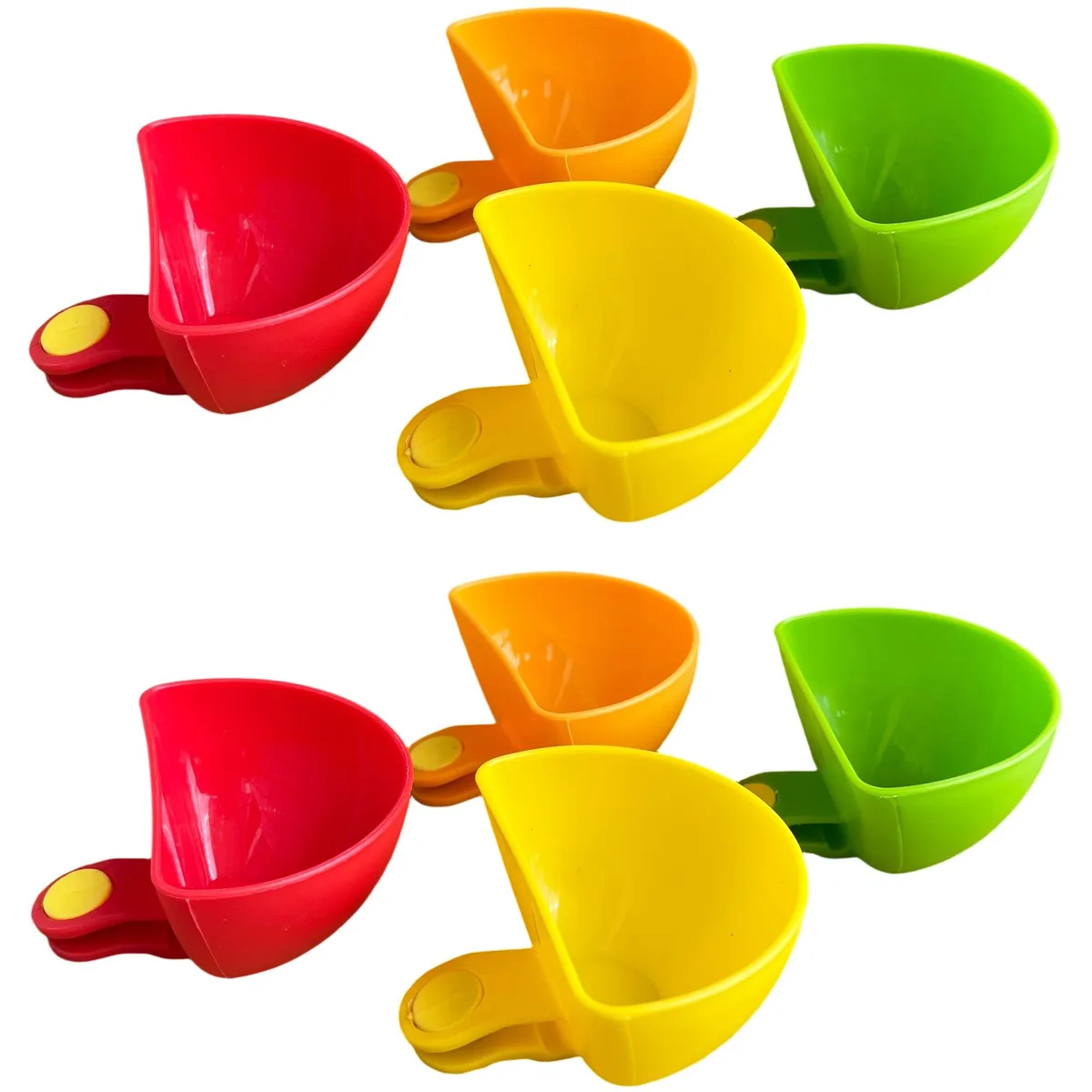 Eight small round clip-on bowls in brown and red plastic attached to a plate rim