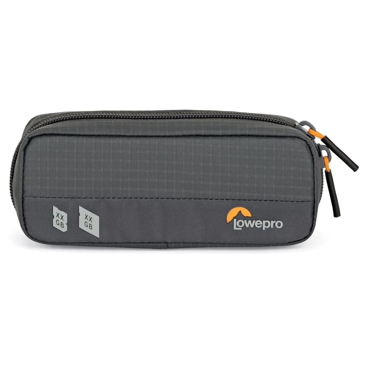 Dark gray rectangular wallet with belt clip and dual zippers, holds twenty memory cards