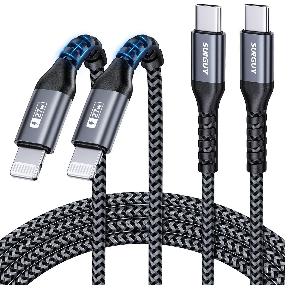 Two grey nylon-braided USB-C to Lightning cables coiled together