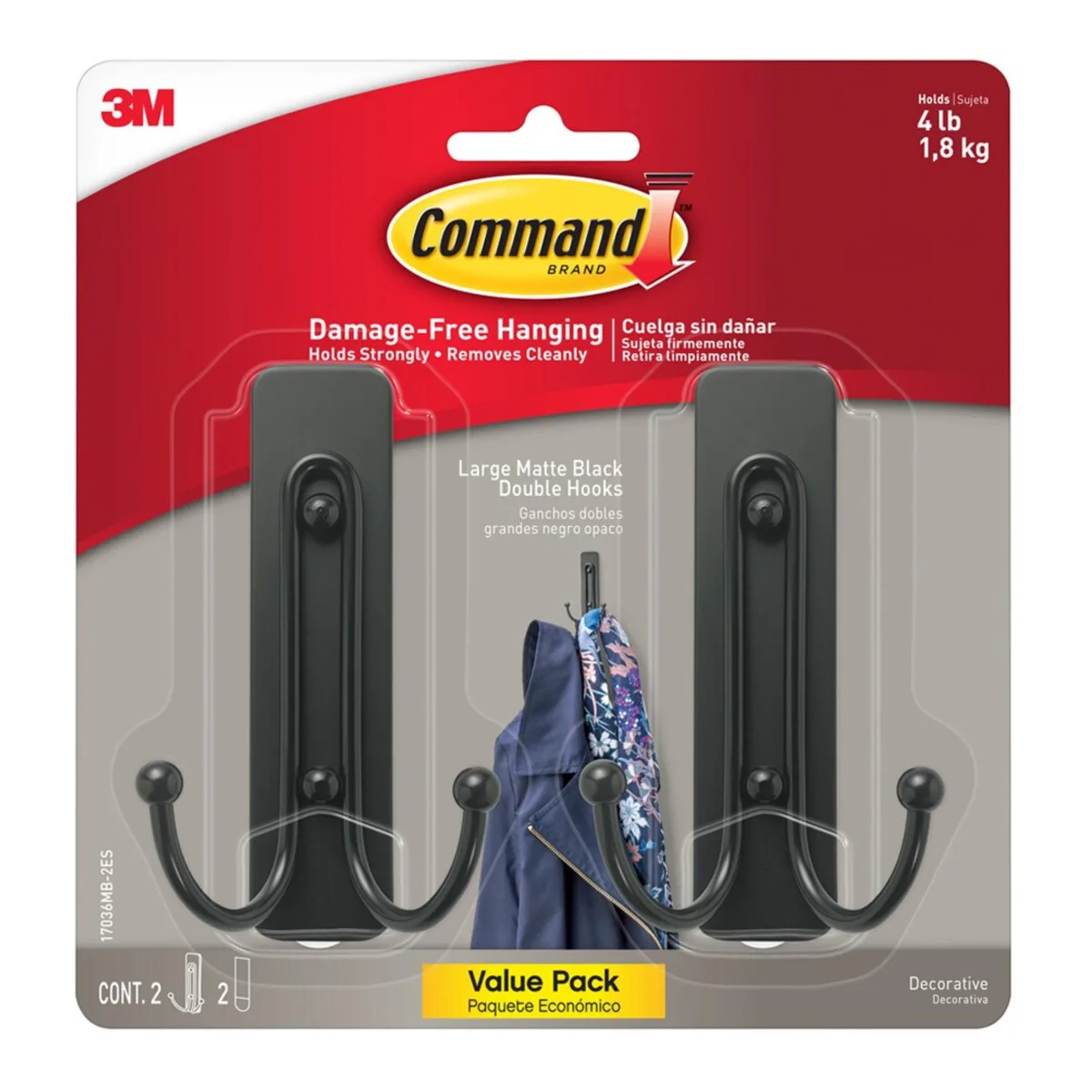 Two matte black plastic double hooks with adhesive strips