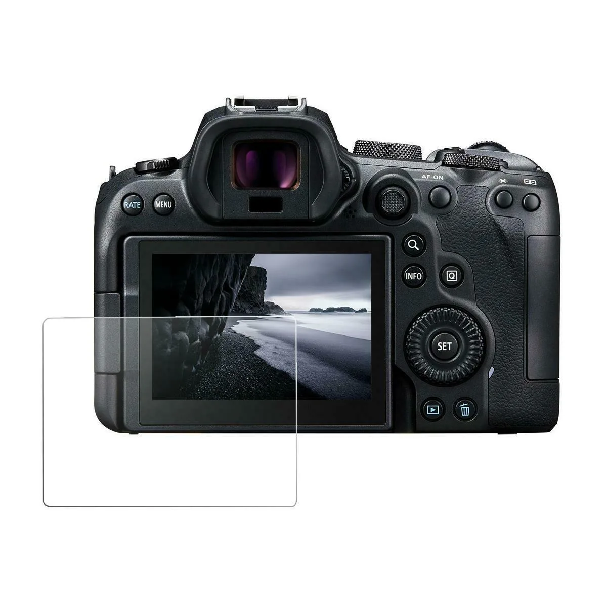 Clear glass screen protector kit for Canon EOS R6 with cleaning cloth and wipe