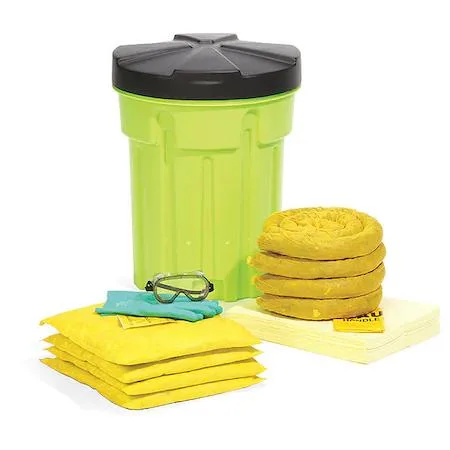 Green 30-gallon drum spill kit with yellow sorbent pads, pillows, socks, gloves and goggles