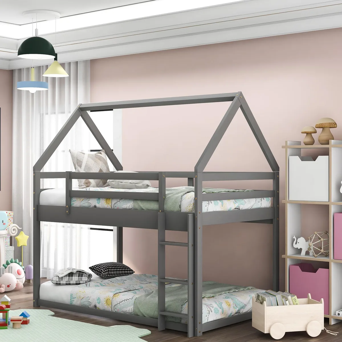 Gray pine house-frame twin-over-twin low bunk bed with ladder