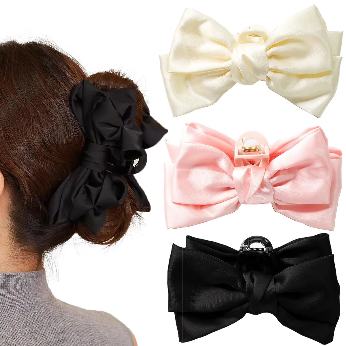  GeoGeoDIY Bow Claw Clips 3 Pack Black White Pink 5.9 inch — product photo