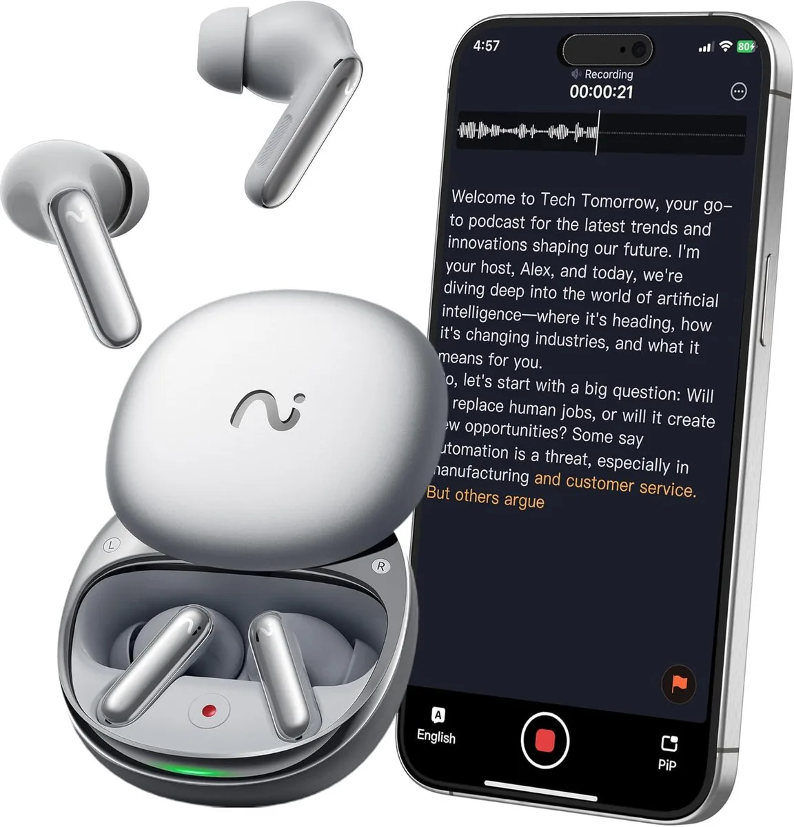 BFKK BFKK AI Voice Recorder Earbuds Sliver 48dB ANC Bluetooth 5.2 — product photo