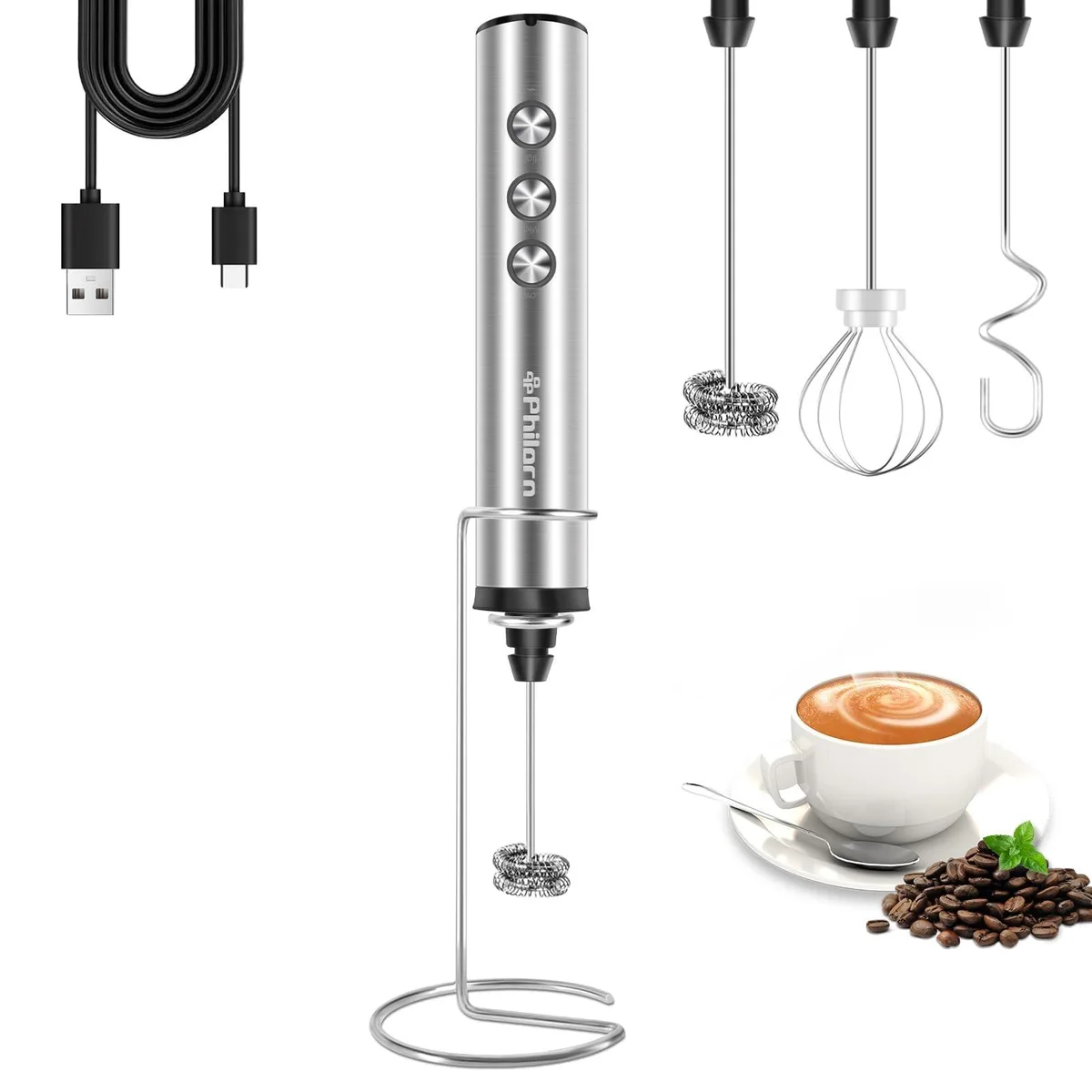 Brentwood Rechargeable milk frother PHILORN 304 stainless steel 1200mAh 9000/12000/15000 RPM — product photo