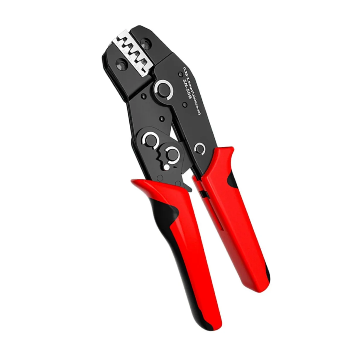Red ratchet crimping pliers with alloy-steel jaws and plastic handles for 23-16 AWG open-barrel terminals