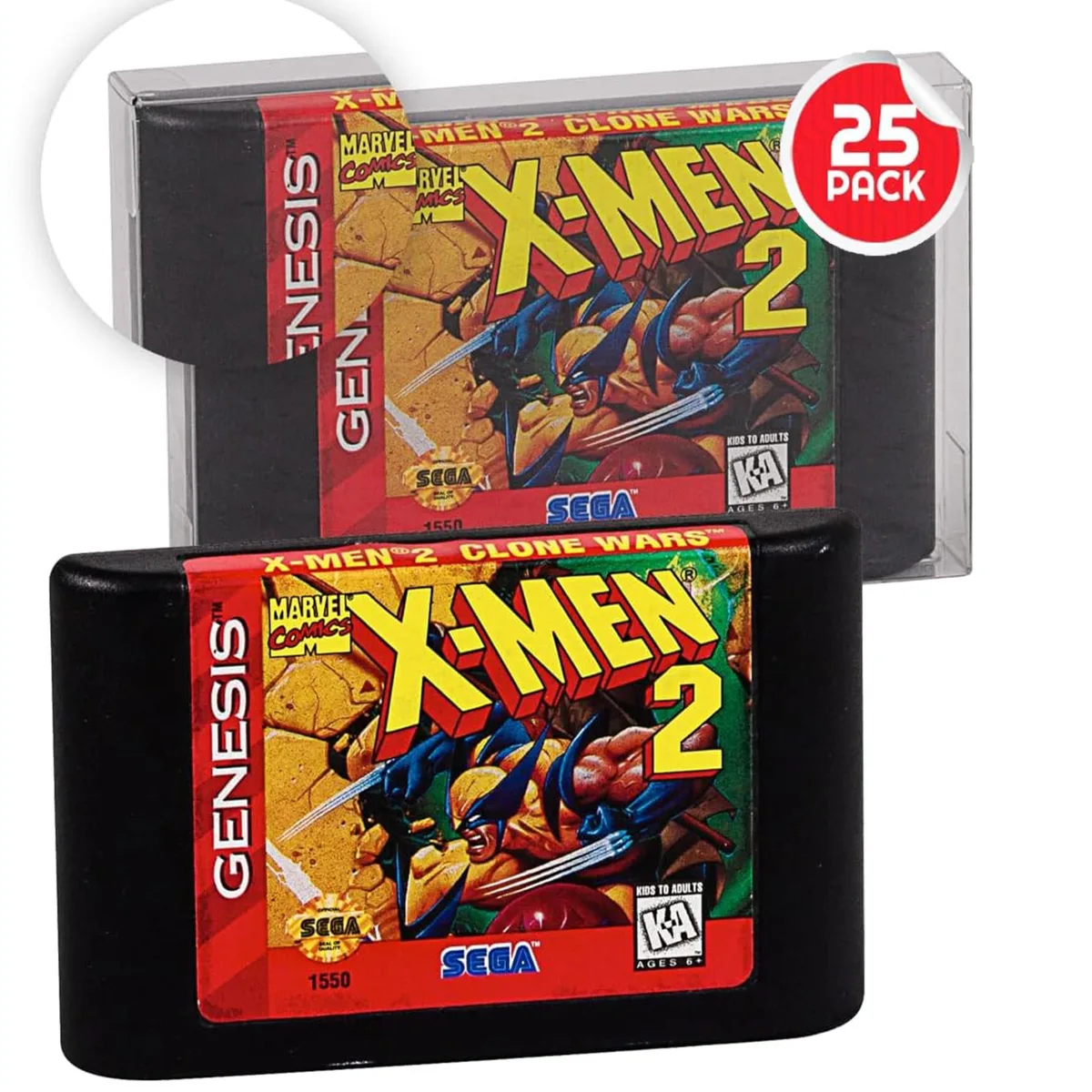 Pack of 25 clear PET cartridge protectors for Sega Genesis, flat-packed with locking lids