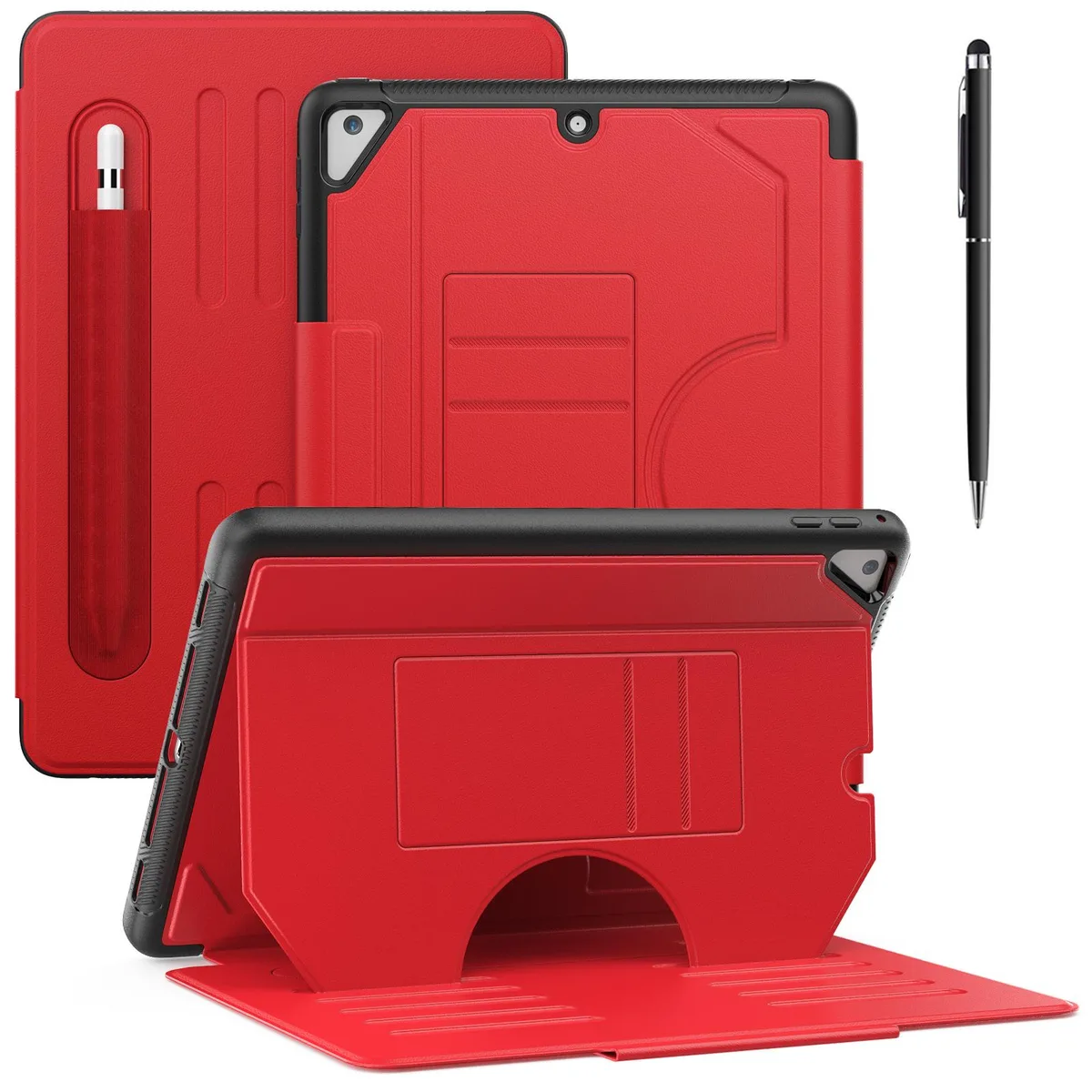 Red hard-shell iPad case with magnetic cover, stand angles and pencil holder