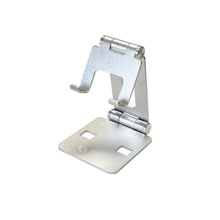 Bright aluminium folding phone stand with double-axis hinge and silicone pads