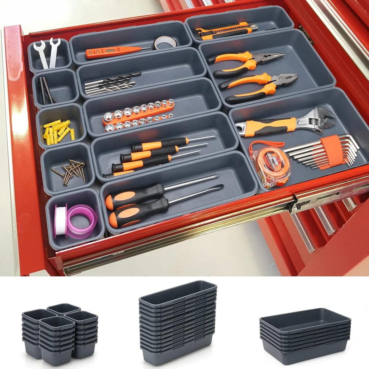 Grey plastic tool-organiser set, 42 interlocking trays in three sizes, 1.9 inch deep
