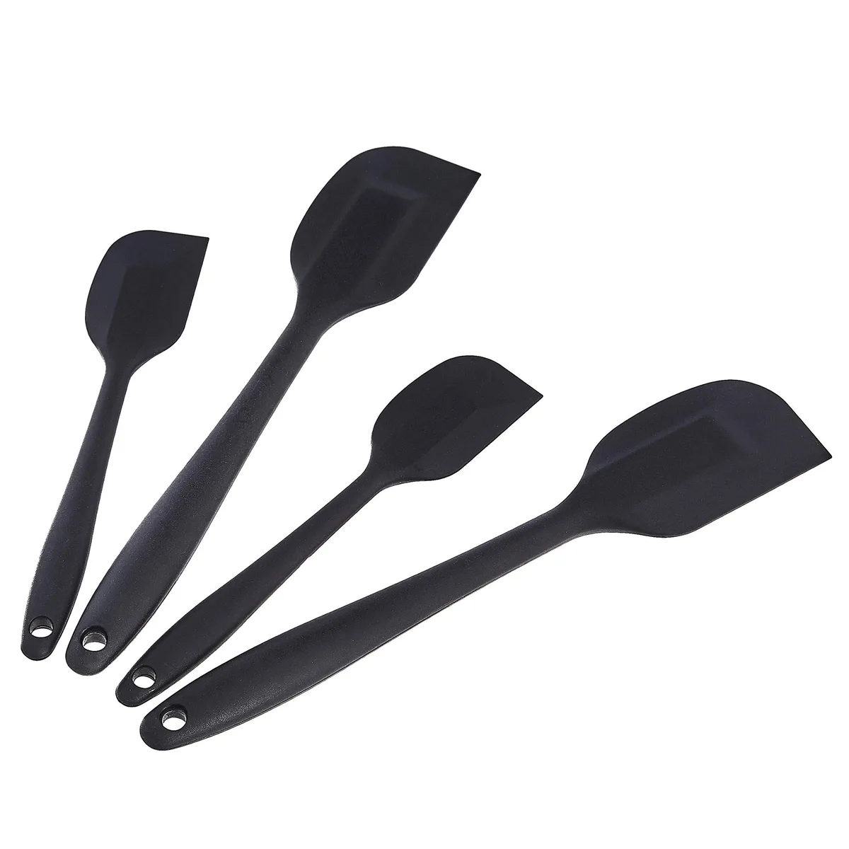 Four black silicone spatulas, two large and two small, rectangular heads with handles