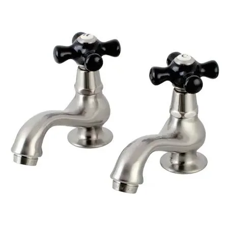 Brushed nickel basin tap with black porcelain cross handle