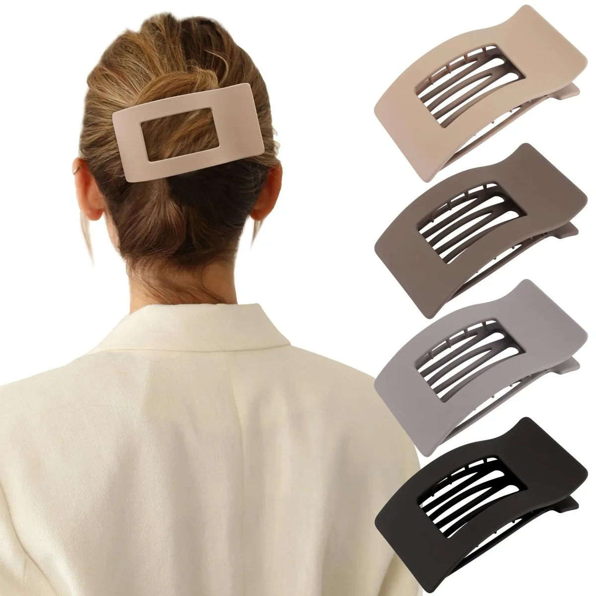 Set of four matte brown flat claw clips, rectangular shape, smooth non-slip finish