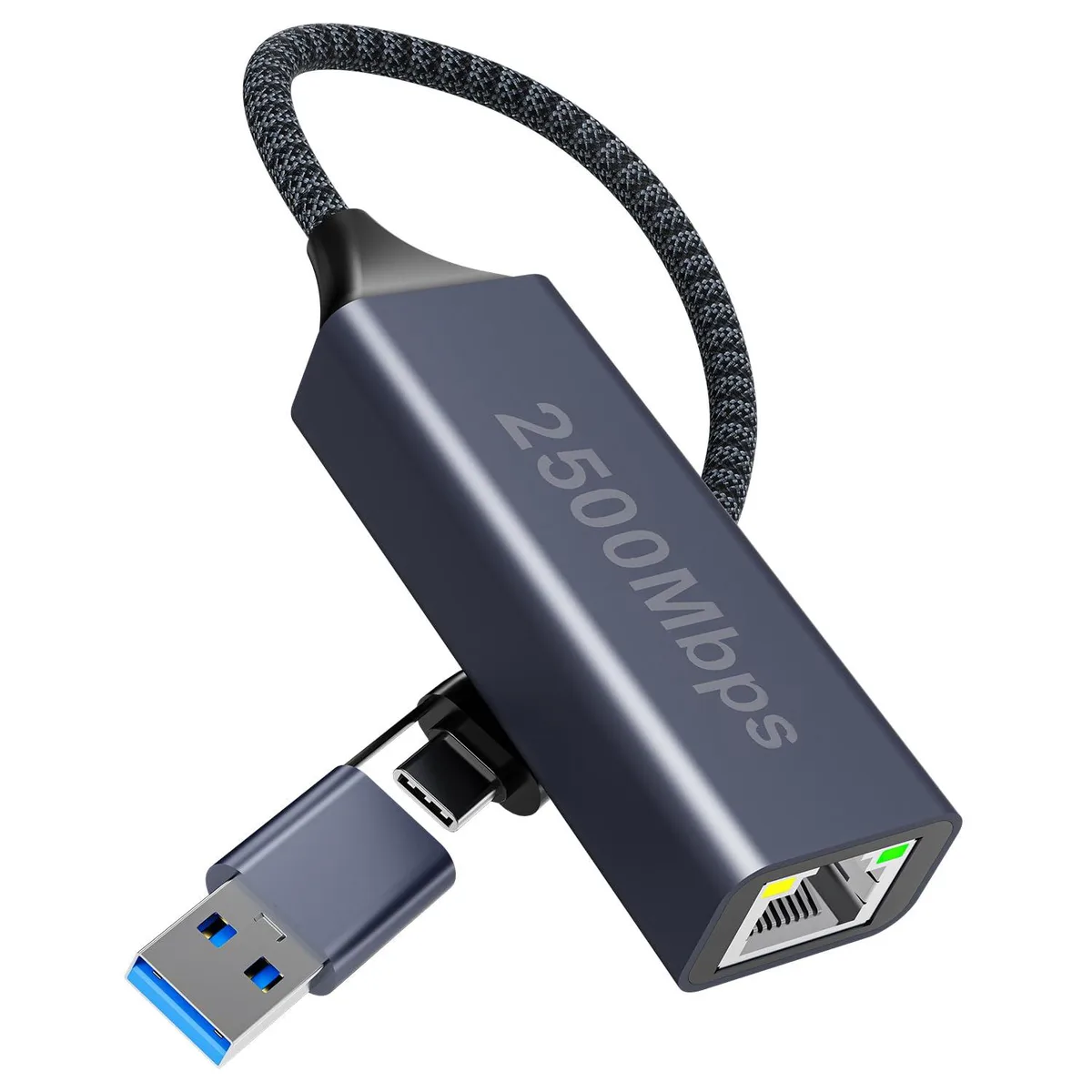 Compact black aluminium 2-in-1 USB-A and USB-C to RJ45 network adapter