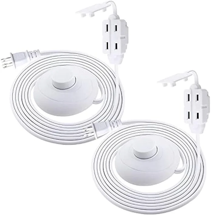 White 9-foot extension cord with three outlets and foot switch, two-pack