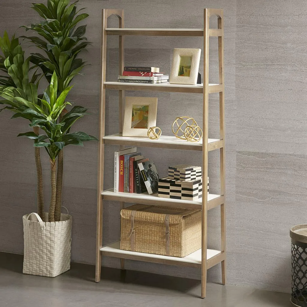 Mid-century 5-shelf bookcase with solid wood frame and off-white natural MDF shelves