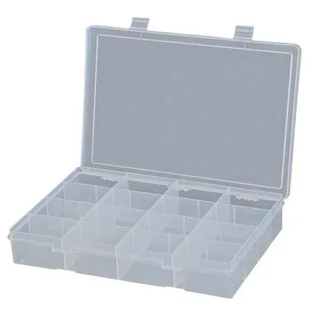 Clear rectangular plastic box with 16 compartments and snap closure