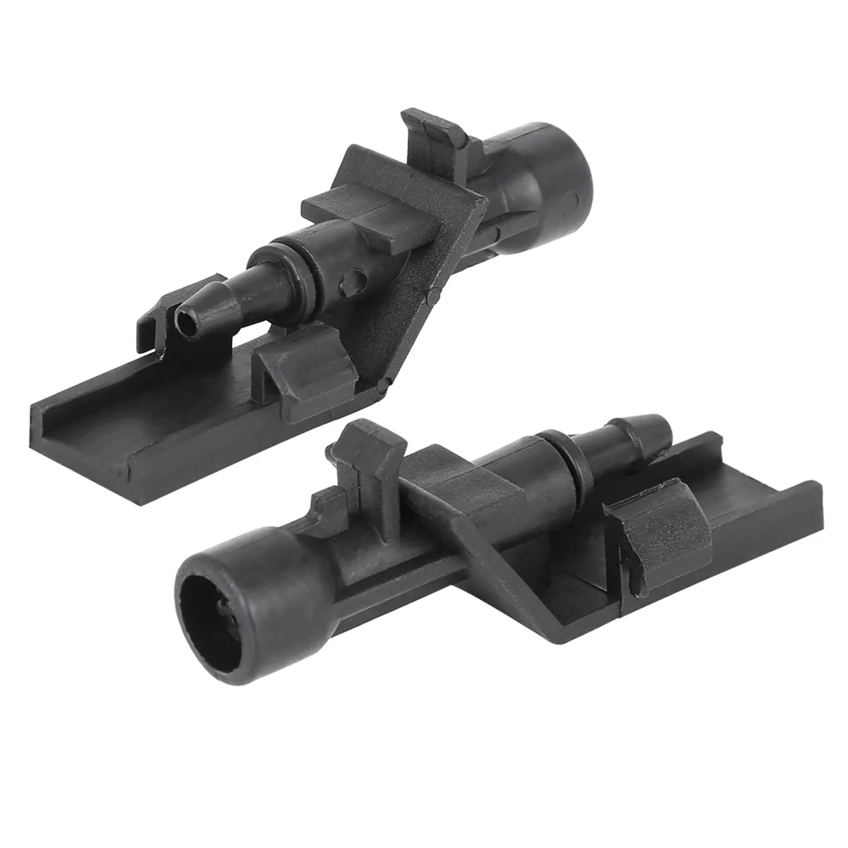 Two black plastic windshield washer nozzles, single hole, rectangular with tapered tip