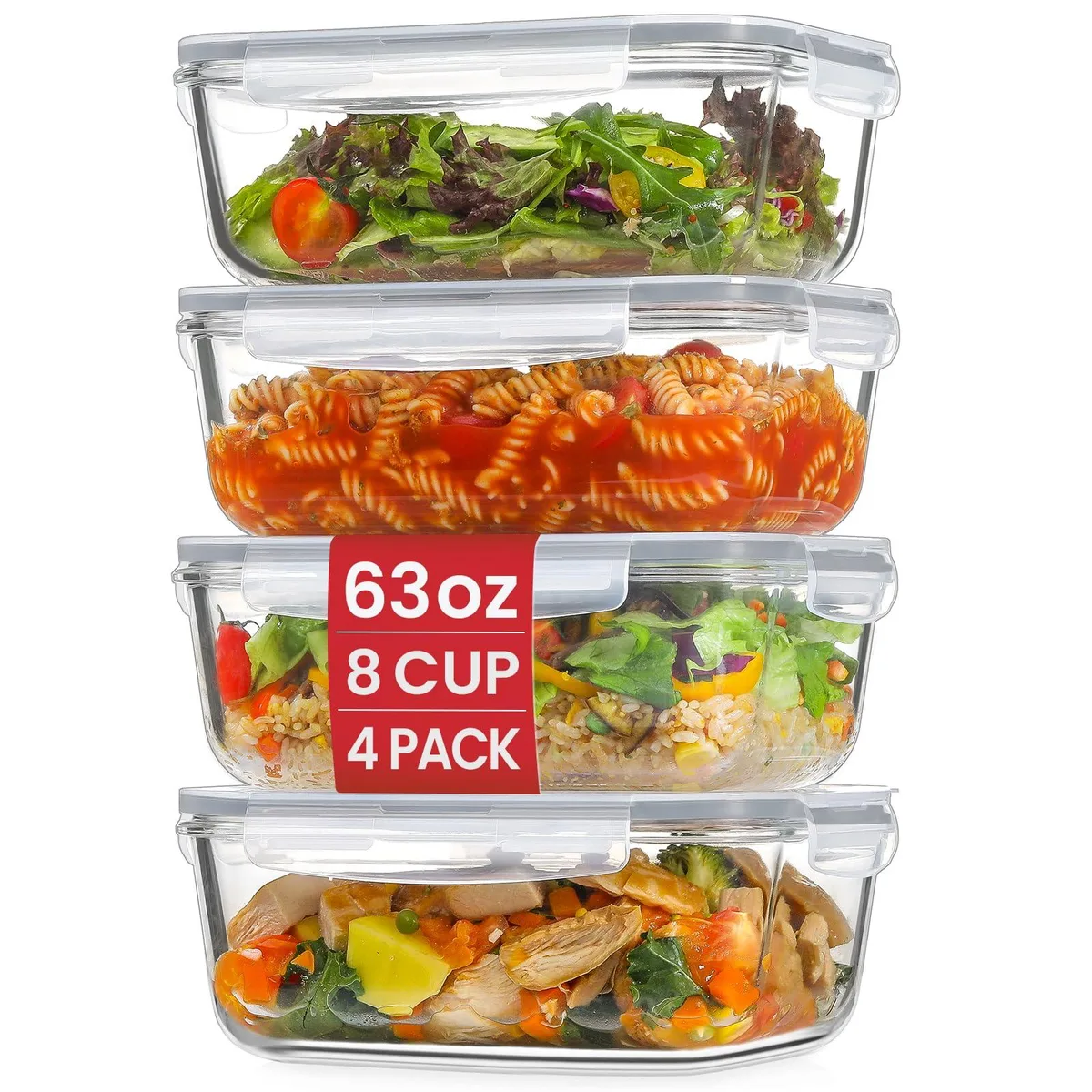 Four rectangular red-lidded glass containers stacked together