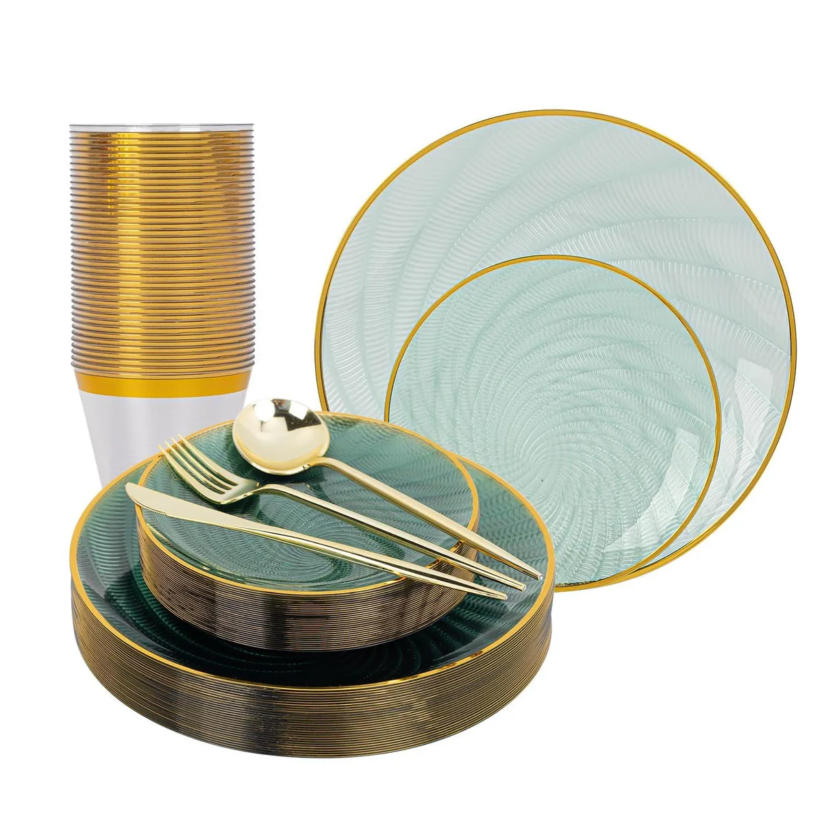Green plastic dinnerware set with gold rim, 180 pieces including plates cups and cutlery
