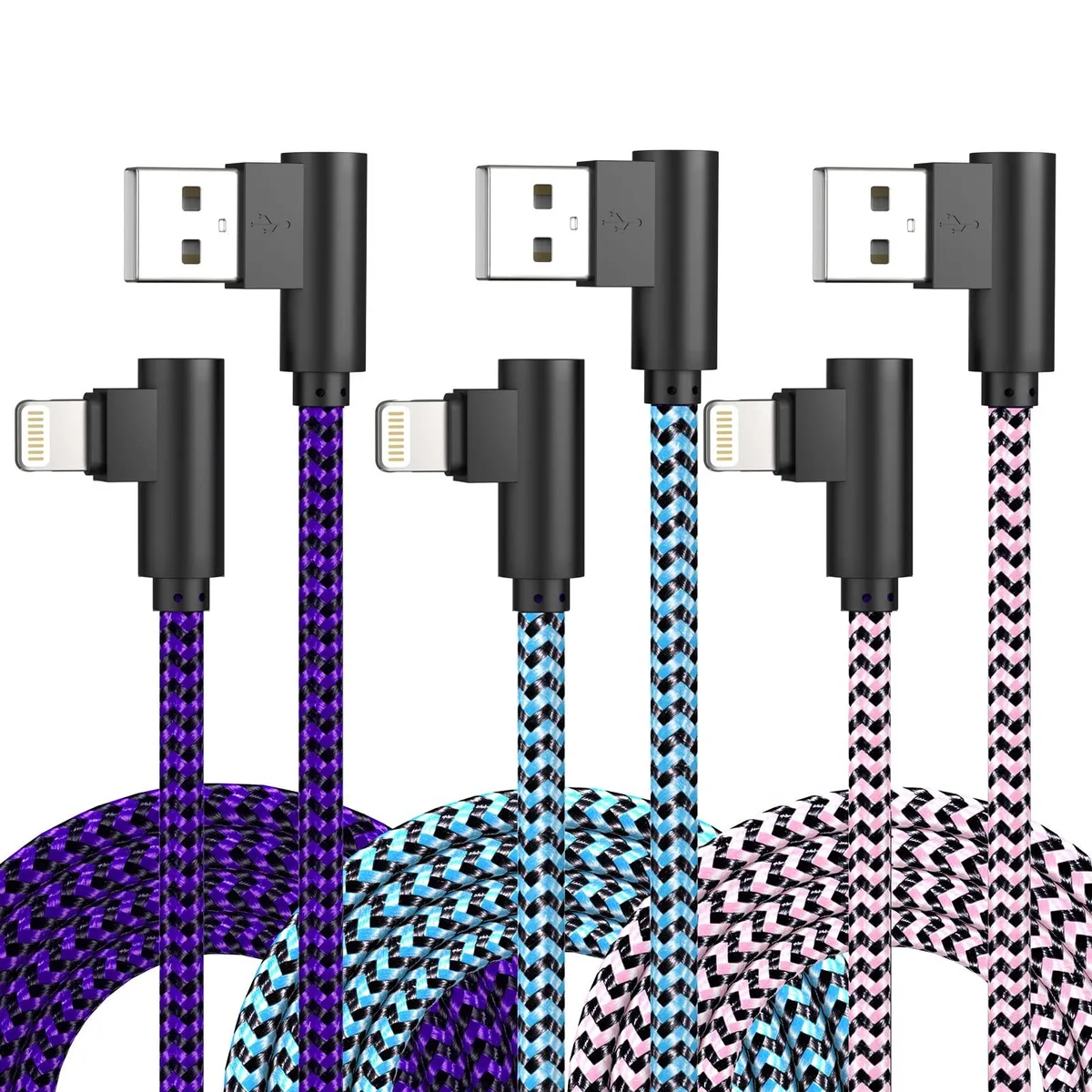 FOXSEA 10 ft Lightning Cable 3-Pack Braided 90° MFi 2.4A — product photo
