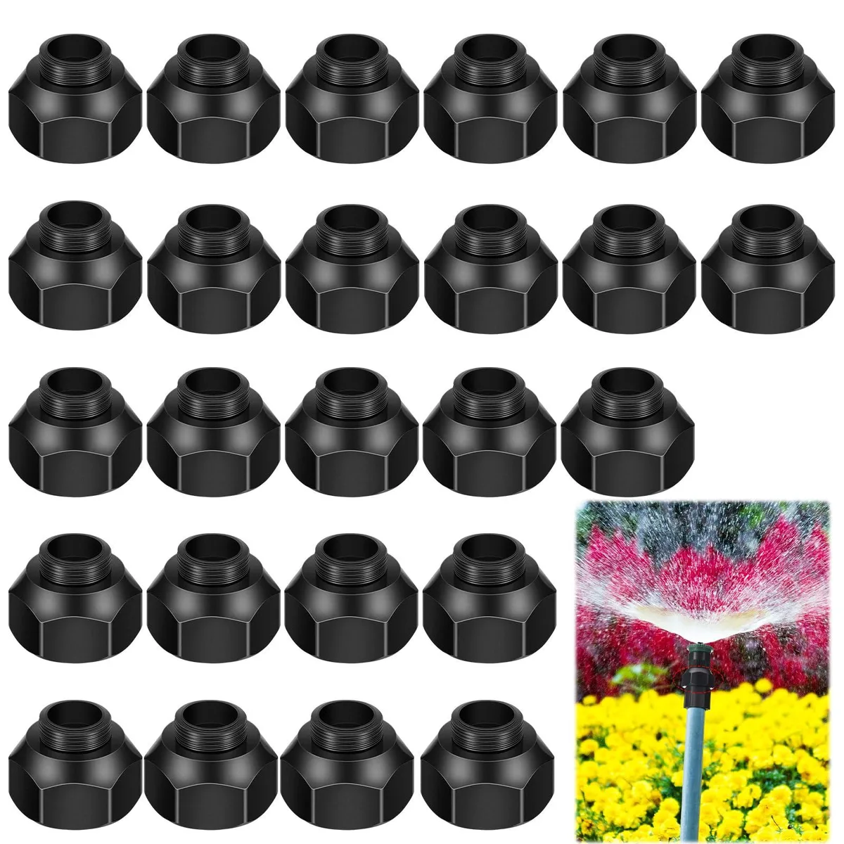 Twenty-five black polypropylene shrub-head adapters with 1/2-inch NPT threads