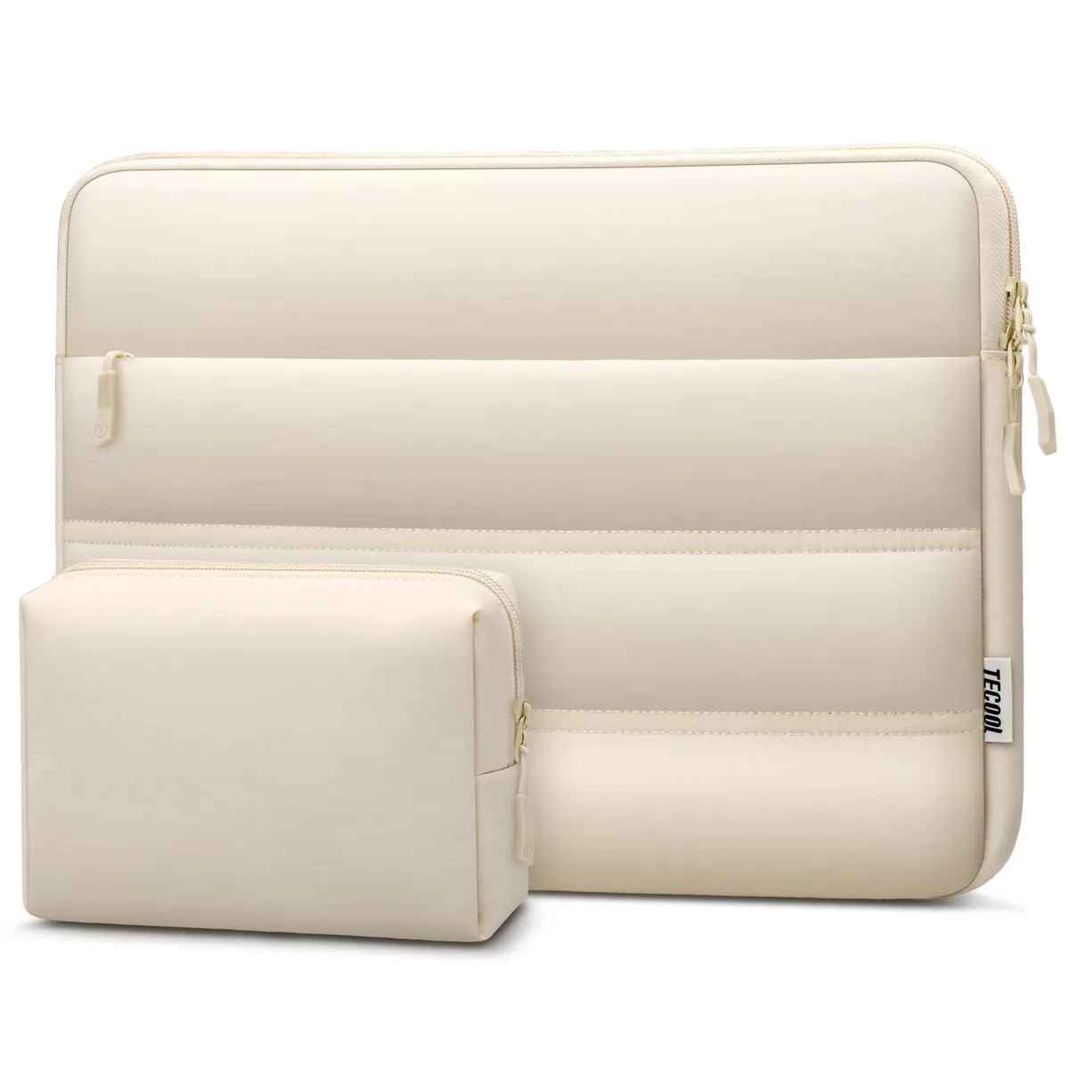 Sand-coloured puffy polyester laptop sleeve with horizontal pocket and small accessory bag