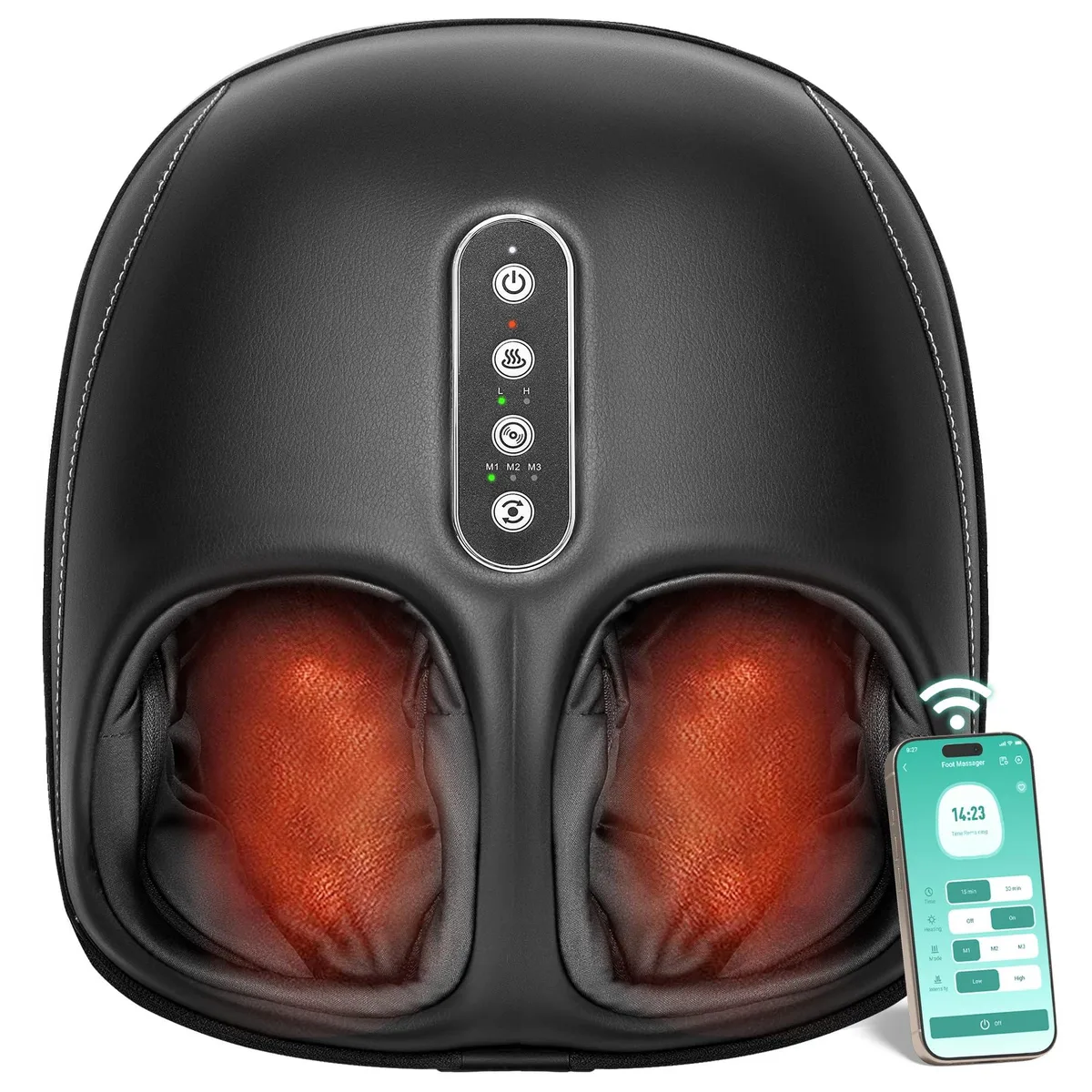 Black rectangular foot massager with rounded edges and smooth matte finish, corded electric design