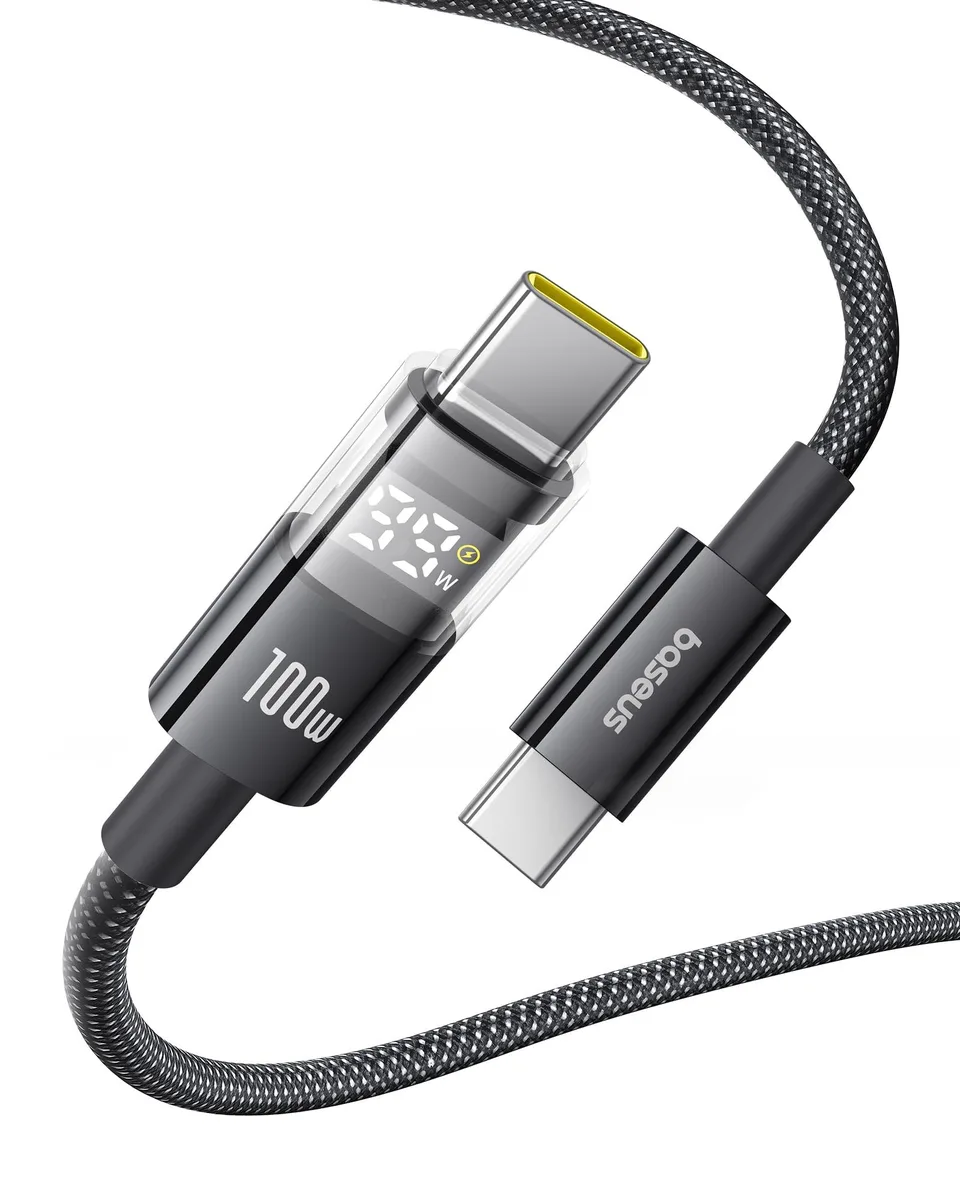Black USB-C to USB-C braided cable with LED display module, 6.6ft