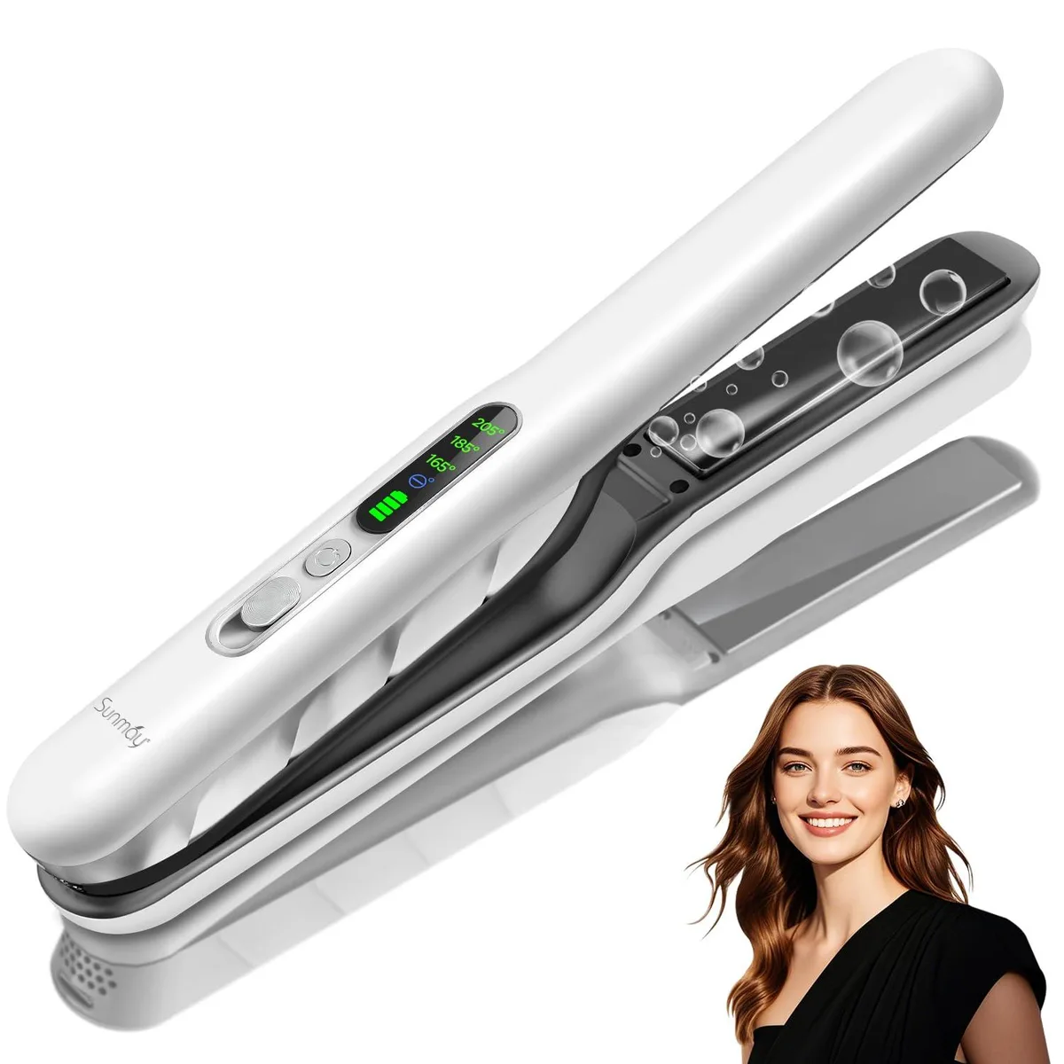 Slim white cordless hair straightener with titanium plates, about eight inches long