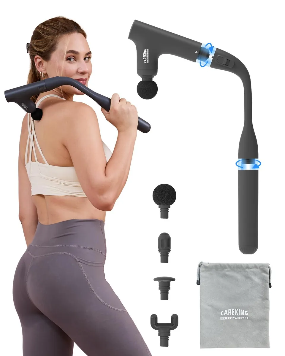 Blue massage gun with swan-neck extension handle and interchangeable heads