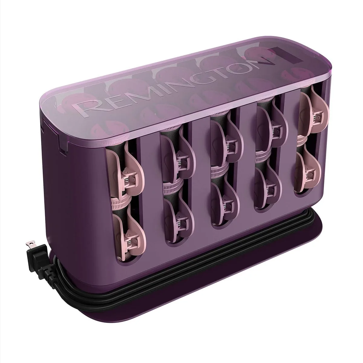 Remington H9102A 20-piece hot roller set in vertical heating rack with mixed large and medium rollers