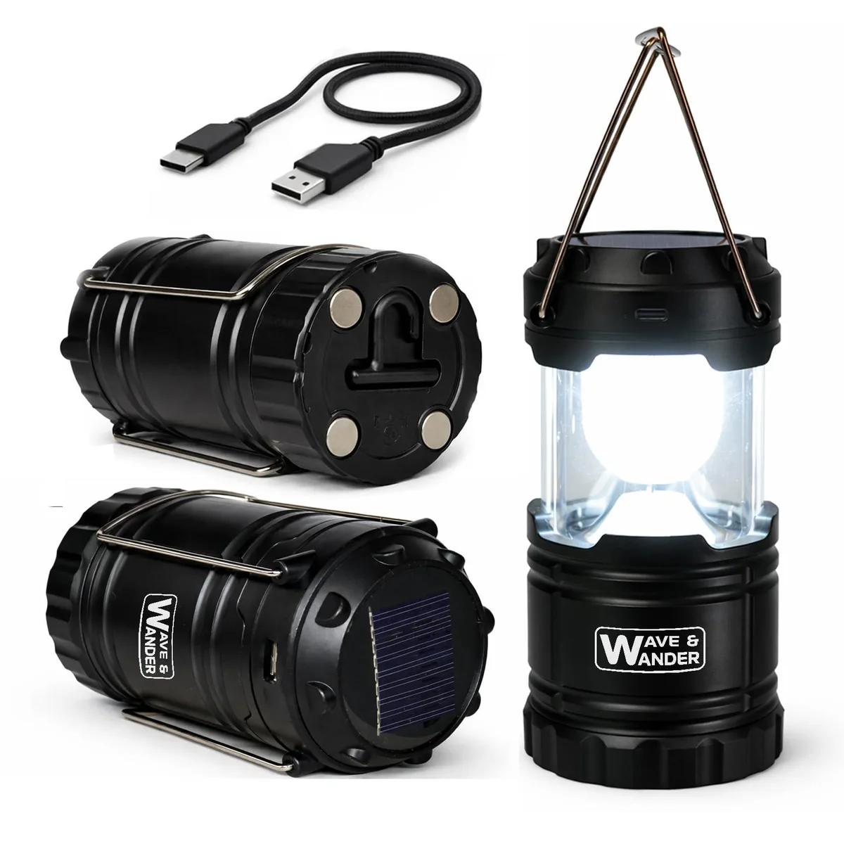 Black foldable lantern with magnetic base and hanging hooks, solar panel on top
