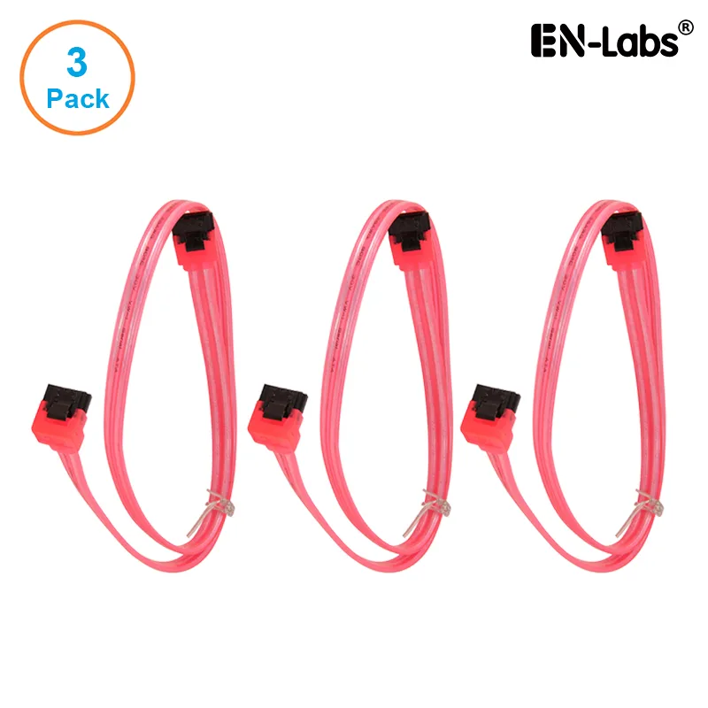 EN-Labs EN-Labs 3PKSATAIII24RDA 3-pack SATA cable straight to 90° right-angle locking latch UV Red 24 inch — product photo