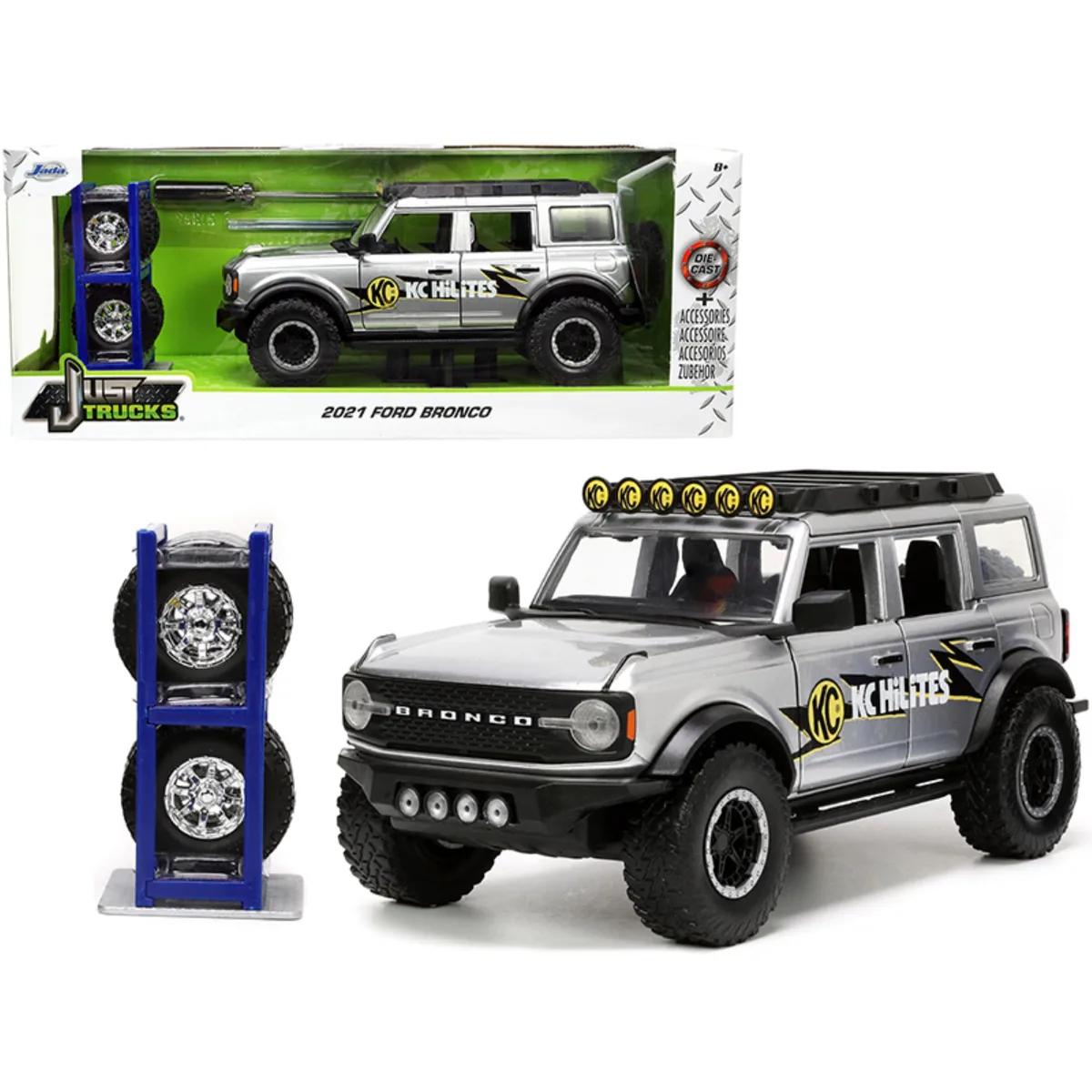 Jada Jada 2021 Ford Bronco 1/24 Gray Metallic KC HiLiTES with Extra Wheels — product photo