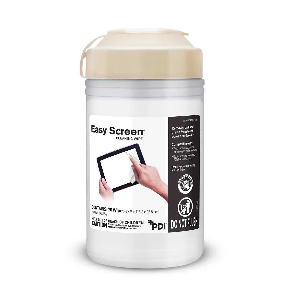 Cylindrical white canister labelled Auto Ventshade Easy Screen Cleaning Wipes 70 count
